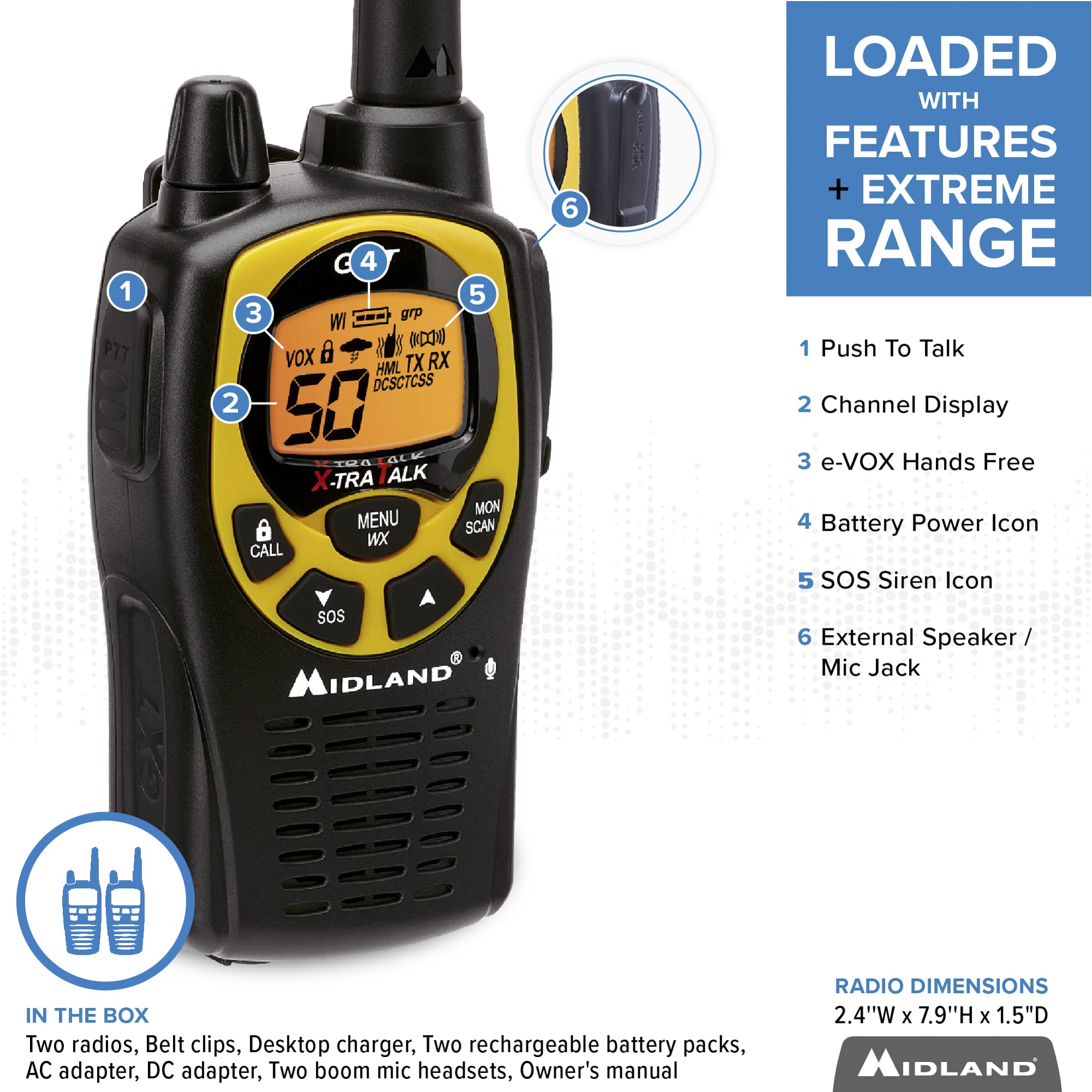 Midland 50 Channel Gmrs Two Way Radio   Long Range Walkie Talkie With 142 Privacy Codes, Sos Siren, And Noaa Weather Alerts And Weather Scan (Black/Yellow, Pair Pack)